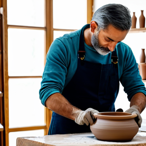Home 4 A skilled Spanish ceramist, fully clothed in modest, practical work attire, meticulously working on a clay pot at a traditional pottery wheel in a well-lit, clean studio. A modern tablet with design software or a social media interface is visible on a nearby workbench, subtly blending ancient craft with digital innovation. The scene emphasizes perfect anatomy, correct proportions, and a natural pose, showcasing well-formed hands engaged in their craft. The background features shelves with finished ceramic pieces and natural light from a large window. This image is safe for work, appropriate content, and family-friendly, professional photography, high quality, natural body proportions.