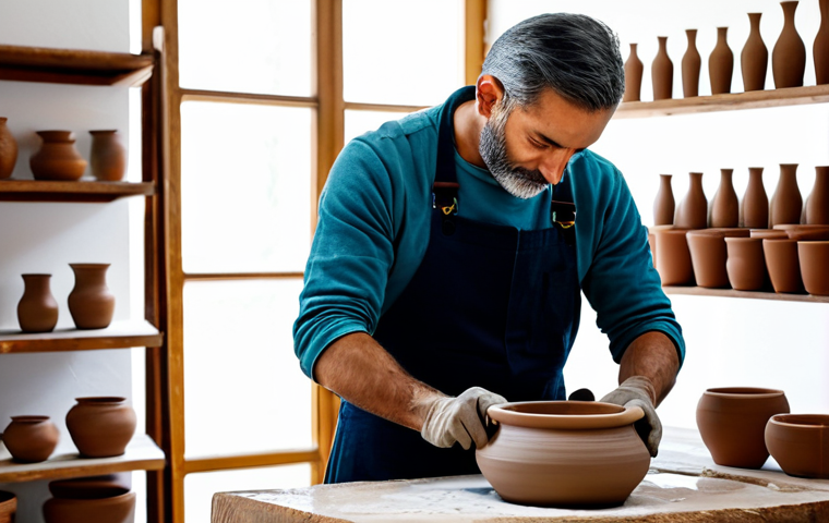 A skilled Spanish ceramist, fully clothed in modest, practical work attire, meticulously working on a clay pot at a traditional pottery wheel in a well-lit, clean studio. A modern tablet with design software or a social media interface is visible on a nearby workbench, subtly blending ancient craft with digital innovation. The scene emphasizes perfect anatomy, correct proportions, and a natural pose, showcasing well-formed hands engaged in their craft. The background features shelves with finished ceramic pieces and natural light from a large window. This image is safe for work, appropriate content, and family-friendly, professional photography, high quality, natural body proportions.