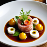 Home 18 **Prompt:** "A beautifully plated modern take on *Cocido Madrileño*, featuring fresh, local vegetables and Iberico ham. The dish is presented on artisanal ceramic tableware, garnished with edible flowers. Restaurant setting, soft, diffused lighting. Appropriate content, fully clothed, safe for work, perfect anatomy, natural proportions, high-quality photography, professional."