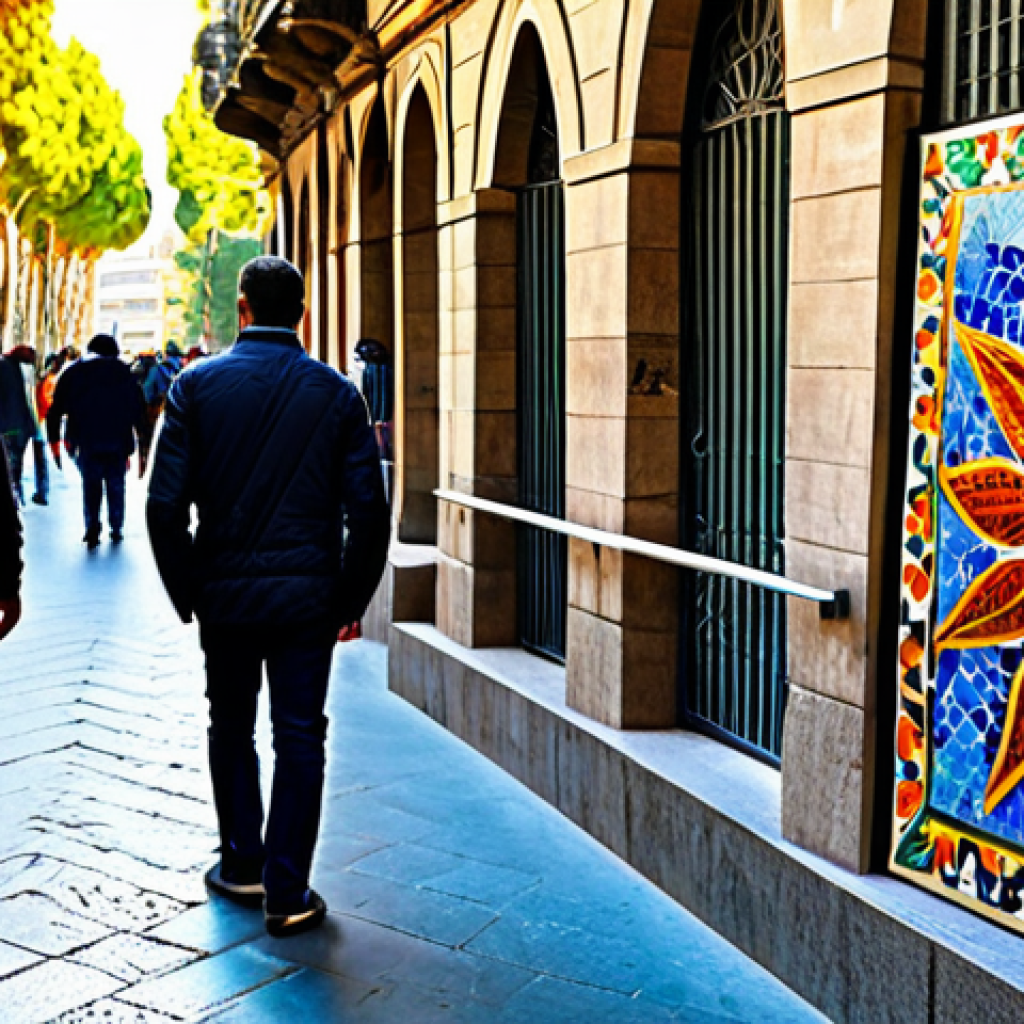 전통 예술과 디지털 미디어의 융합 - **
A vibrant street scene in Barcelona, Spain. A skilled artisan crafts intricate mosaics using col...