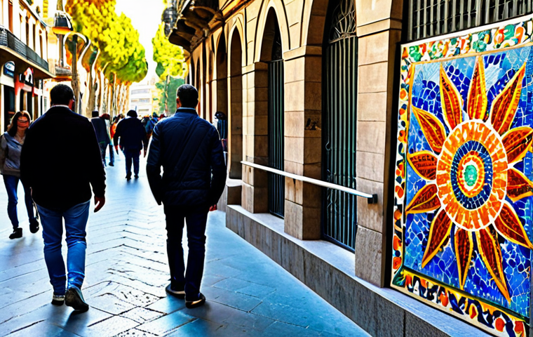 전통 예술과 디지털 미디어의 융합 - **
A vibrant street scene in Barcelona, Spain. A skilled artisan crafts intricate mosaics using col...