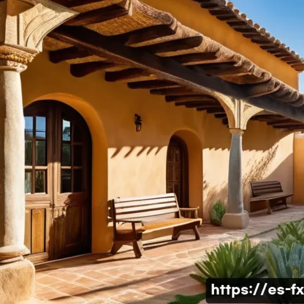 전통 건축의 현대적 사용 사례 - A traditional rural Spanish adobe house exterior bathed in warm golden sunlight, featuring thick ear...