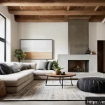 Home 19 전통 디자인 요소의 현대적 활용 - A contemporary living room featuring exposed natural wooden beams with matte finishes, minimalist fu...