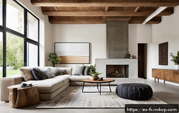전통 디자인 요소의 현대적 활용 - A contemporary living room featuring exposed natural wooden beams with matte finishes, minimalist fu...