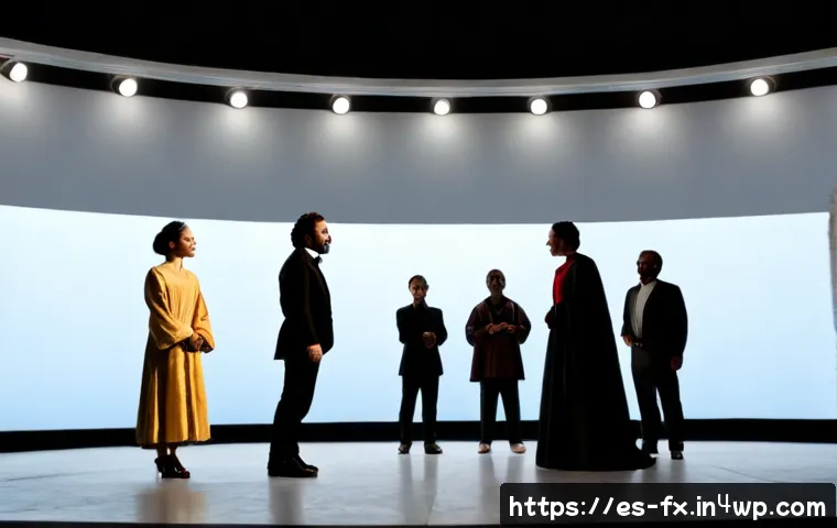 Home 12 전통 연극 극본을 현대적 시각으로 보기 - Photorealistic editorial scene in a historic Spanish theater, an older playwright and a young theate...