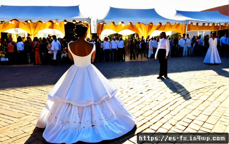 Home 15 전통 복식의 현대적 이벤트 활용 - Photorealistic contemporary cultural festival in a sunlit Spanish plaza, elegant adults wearing mode...